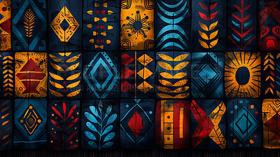 Buy stock photo Tribal, African art and abstract with pattern for cultural mural, print or painting with color. Geometric, creative and texture shapes by dark background with design, illustration or drawing.