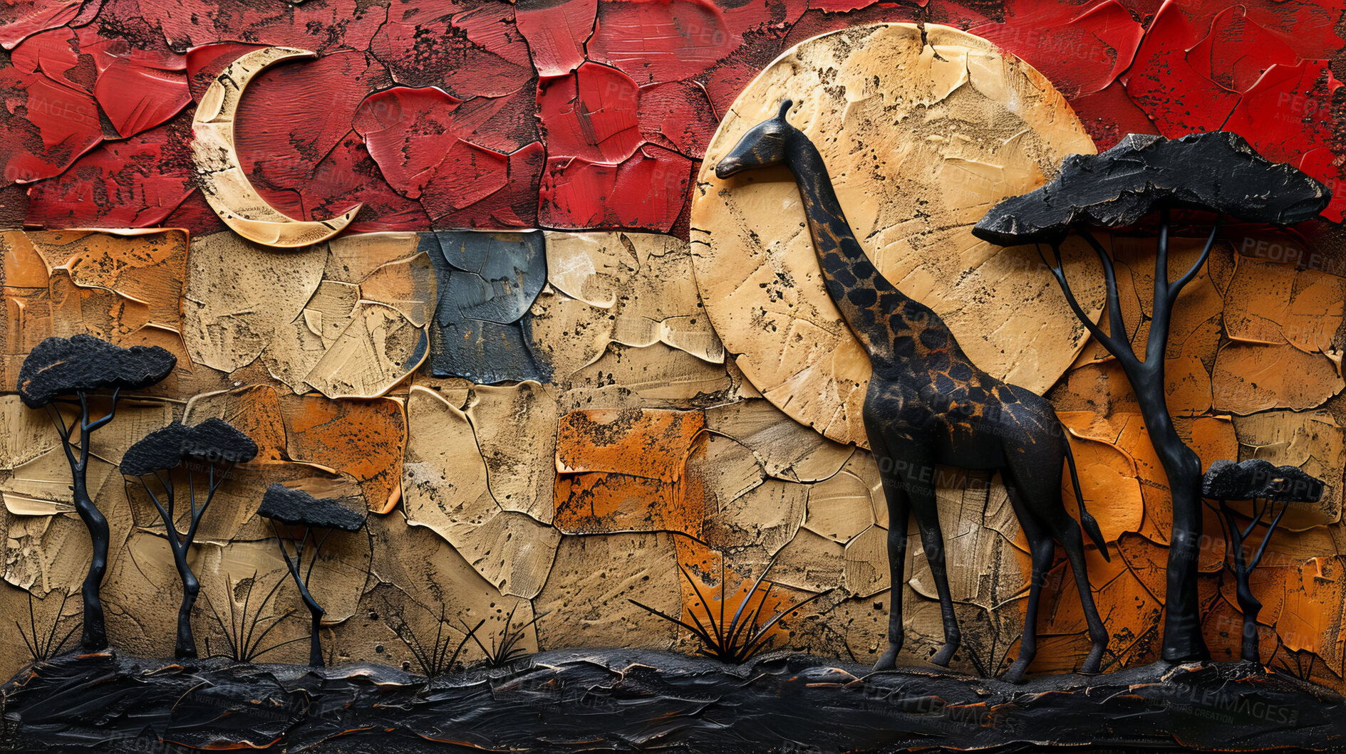 Buy stock photo Abstract, art and rock with painting of animal with symbol for background in cave. Ancient, past and religious with giraffe on wall in design for Africa in history with signs for heritage in tribe