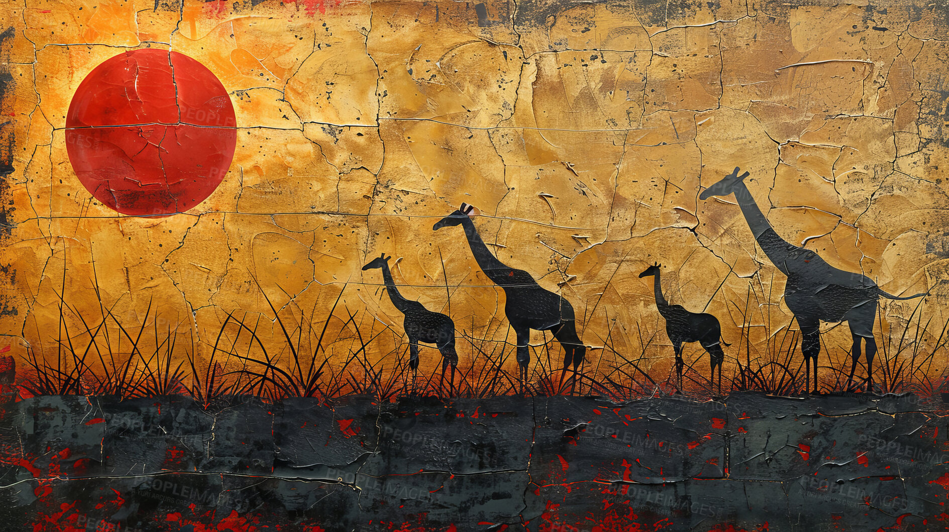 Buy stock photo African, tribal or painting with wildlife in cave for art in nature, creative caveman with brush. Decorative, drawing or old with texture for indigenous picture, illustration or culture on safari