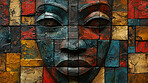 Mask, art and African pattern on illustration, abstract and creative design of indigenous icon. Vintage, graphic and wallpaper with color for culture, spiritual sign and texture of tribal face