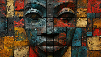 Buy stock photo Mask, art and African pattern on illustration, abstract and creative design of indigenous icon. Vintage, graphic and wallpaper with color for culture, spiritual sign and texture of tribal face