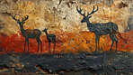 Abstract, rock and art with painting of animal with symbol for background in cave. Ancient, past and religious with deer on wall in design for history in Africa with signs for heritage in tribe