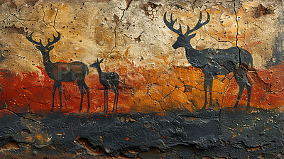 Buy stock photo Abstract, rock and art with painting of animal with symbol for background in cave. Ancient, past and religious with deer on wall in design for history in Africa with signs for heritage in tribe