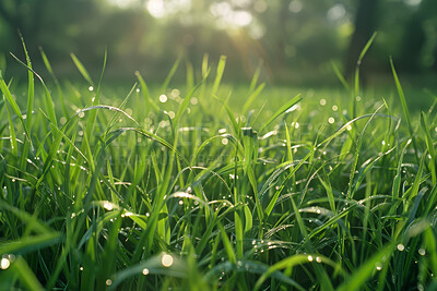 Buy stock photo Grass, closeup and water in nature at field outdoor in the countryside in Sweden on a background. Lawn, park and dew at garden with green plants for ecology, environment and bokeh on summer landscape