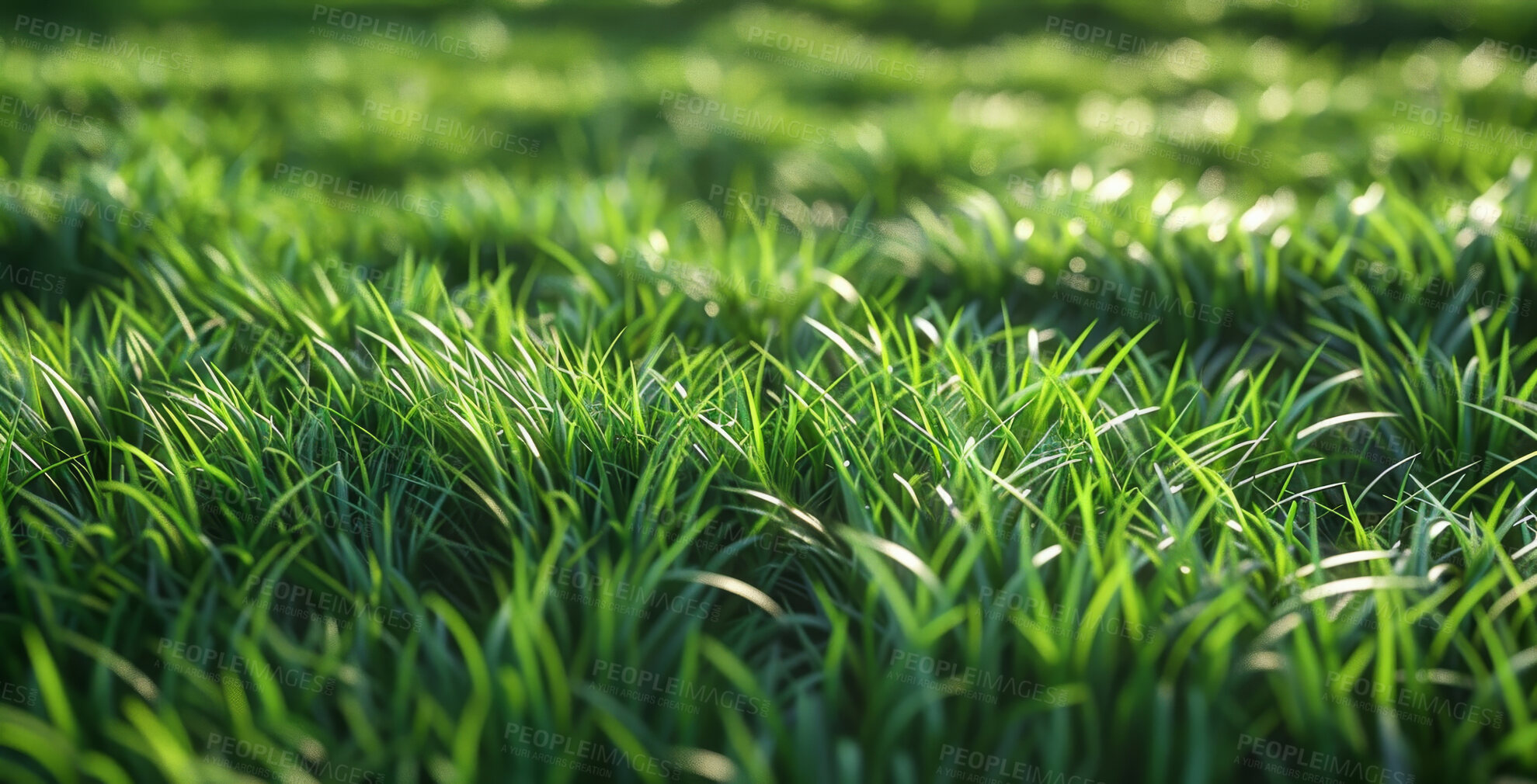 Buy stock photo Closeup, grass and summer with sunshine, nature and green growth with outdoor sunrise. Lawn, meadow and environment for park season, vibrant field and morning background with macro natural garden