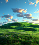 Green hills, cloudy sky and flowers for landscape, digital painting or wallpaper for nature aesthetic in summertime. Field, grassland or meadow for art design illustration for outdoor sunshine