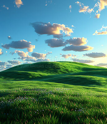 Buy stock photo Green hills, cloudy sky and flowers for landscape, digital painting or wallpaper for nature aesthetic in summertime. Field, grassland or meadow for art design illustration for outdoor sunshine