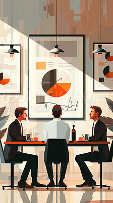 Buy stock photo Illustration, business and man in meeting at cafe with collaboration or teamwork on company growth and strategy. Painting, restaurant and corporate people as partners or shareholder and brainstorm