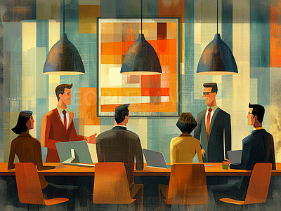 Buy stock photo Illustration, business and people in meeting at boardroom with collaboration or teamwork on company growth and strategy. Painting, office and corporate as partners or shareholder and brainstorm