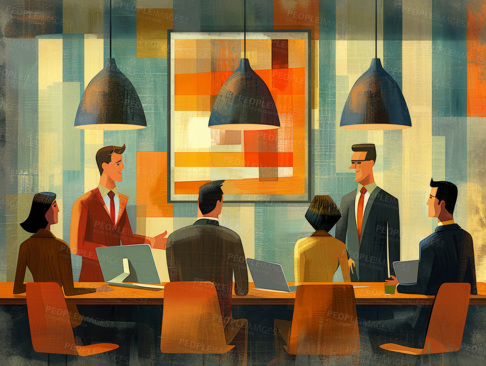 Buy stock photo Illustration, business and people in meeting at boardroom with collaboration or teamwork on company growth and strategy. Painting, office and corporate as partners or shareholder and brainstorm