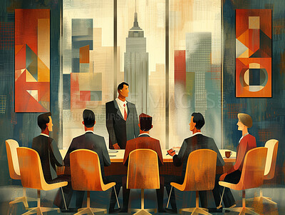 Buy stock photo Illustration, business and man in meeting at boardroom with collaboration or teamwork on company growth and strategy. Painting, office and corporate people as partners or shareholder and brainstorm