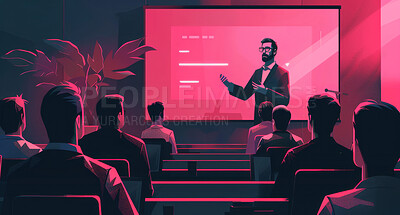 Buy stock photo Presentation, illustrations and business people with conference, workshop and convention with corporate training. Speech, event or leader with confidence or teaching with stock market update or trend