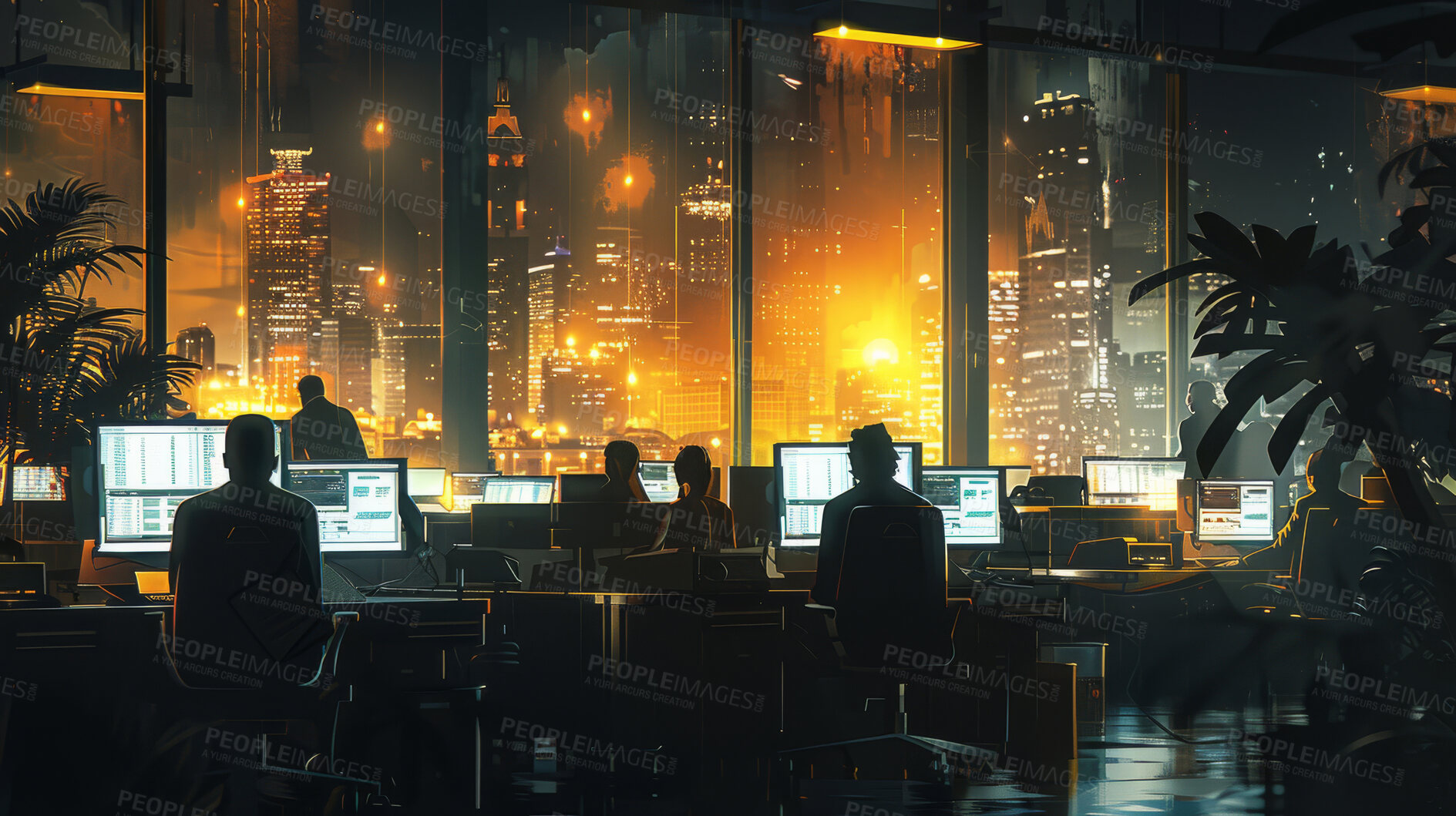 Buy stock photo Illustration, business people and night with corporate, professional and artistic with city lights. Artwork, decorative and group with computer or evening with teamwork, modern office or contemporary