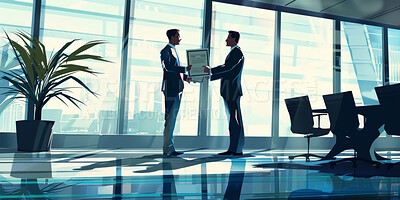 Businesspeople, illustration and award with document for contract for job promotion. Cartoon, worker and meeting in company with reward, certificate and appreciation in office with thank you in work