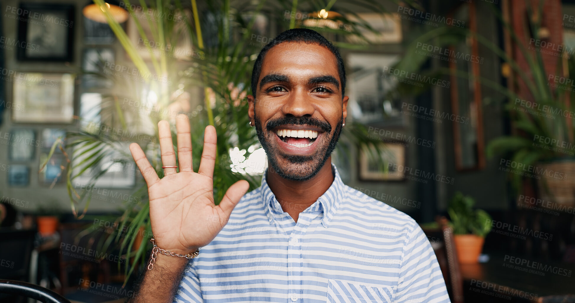 Buy stock photo Wave, video call and face of black man in coffee shop for communication, contact and talking. Remote work, freelancer and portrait of person greet hello for online meeting, webinar and discussion