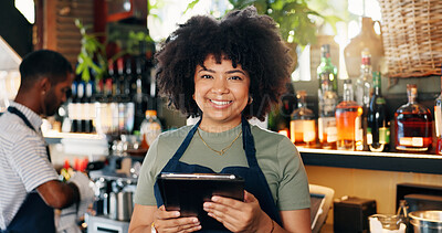 Tablet, restaurant woman and bartender smile for alcohol sales, commerce service or stock sales. Portrait, job experience and small business owner with pride in drinks trade, supply chain or startup