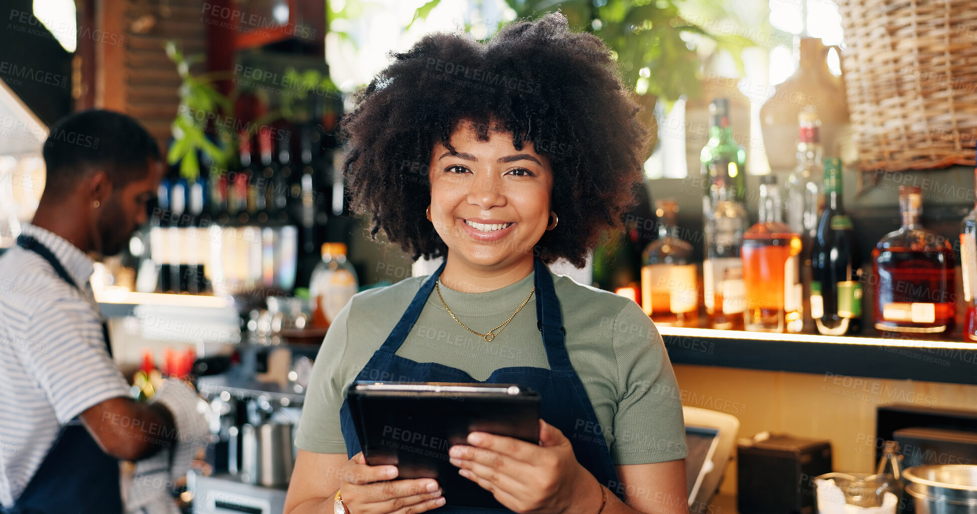 Buy stock photo Tablet, restaurant woman and bartender smile for alcohol sales, commerce service or stock sales. Portrait, job experience and small business owner with pride in drinks trade, supply chain or startup