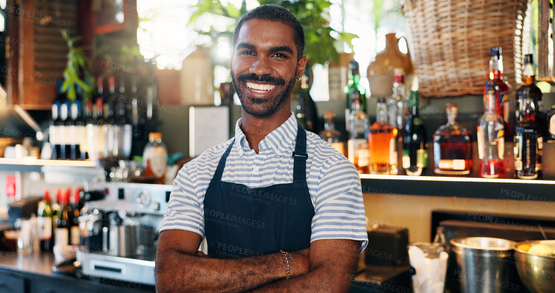 Buy stock photo Welcome, coffee shop and confident portrait of man at bar with smile, waiter or manager at restaurant startup. Bistro, service barman and happy small business owner at cafe counter with arms crossed.