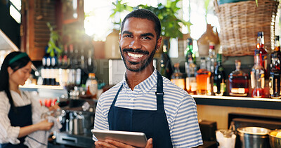 Tablet, black man and bartender smile for restaurant sales, alcohol service or career vocation. Portrait, job experience and African business owner with pride in drinks trade, supply chain or startup