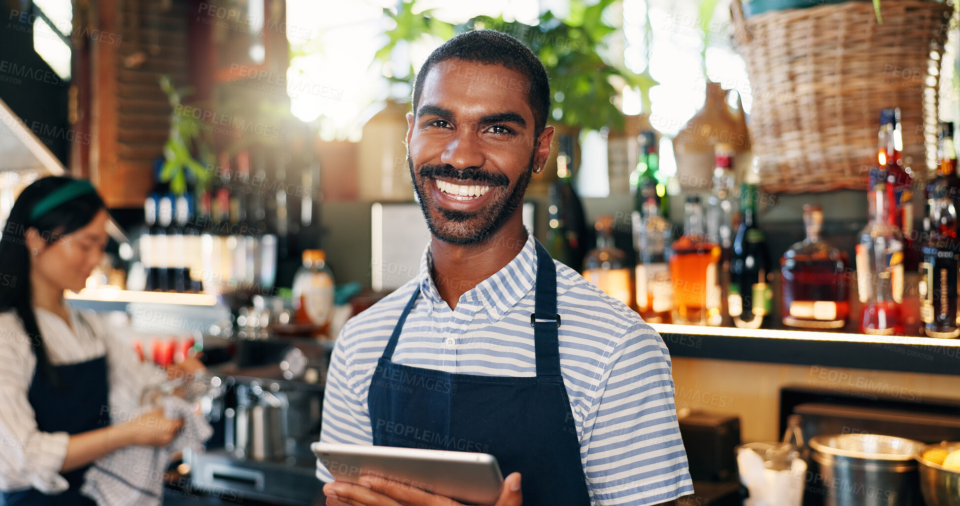 Buy stock photo Tablet, black man and bartender smile for restaurant sales, alcohol service or career vocation. Portrait, job experience and African business owner with pride in drinks trade, supply chain or startup