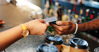 Barista, hands and credit card at coffee shop POS, fintech payment and cafe, restaurant or small business services. Cashier or people hands at point of sale counter, machine and scan for drink order