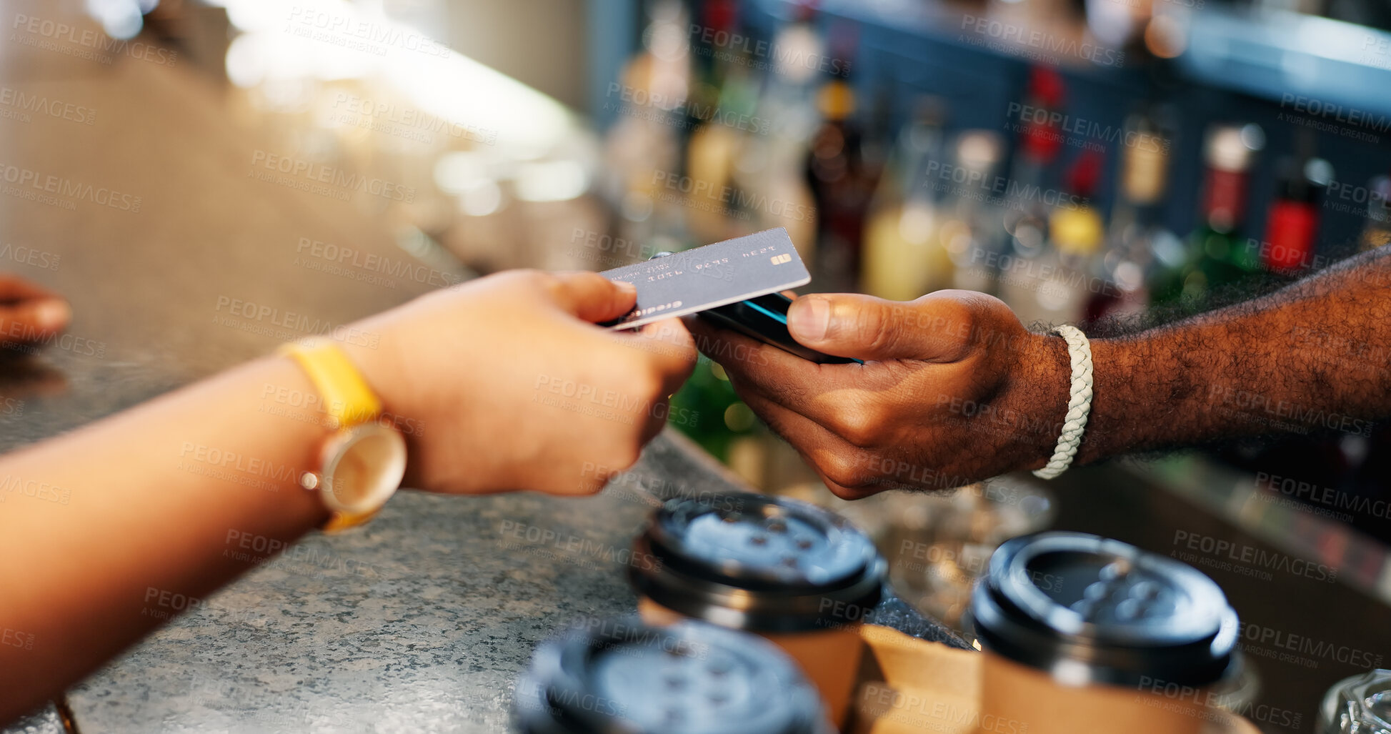 Buy stock photo Barista, hands and credit card at coffee shop POS, fintech payment and cafe, restaurant or small business services. Cashier or people hands at point of sale counter, machine and scan for drink order