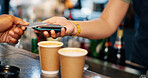 Customer, hands and credit card at coffee shop POS, fintech payment and cafe, restaurant or small business services. Barista or people hands at point of sale counter, machine and scan for drink order