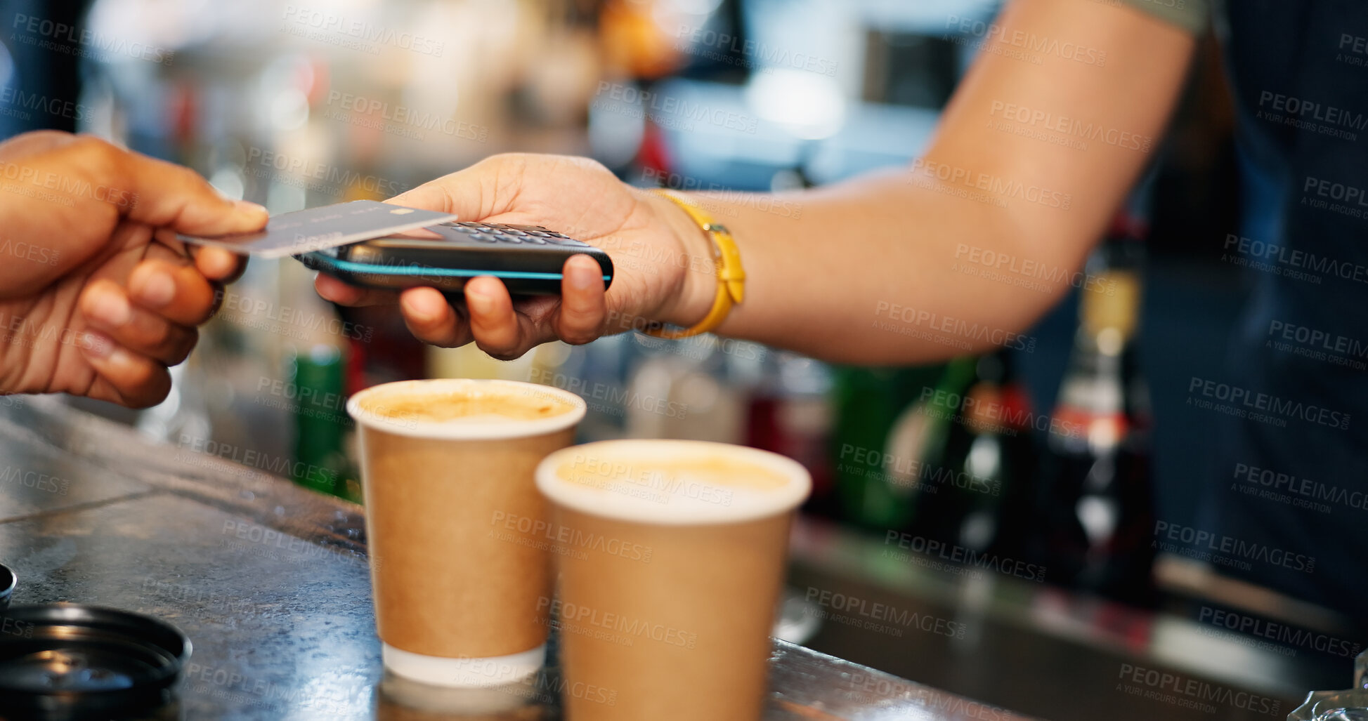 Buy stock photo Customer, hands and credit card at coffee shop POS, fintech payment and cafe, restaurant or small business services. Barista or people hands at point of sale counter, machine and scan for drink order