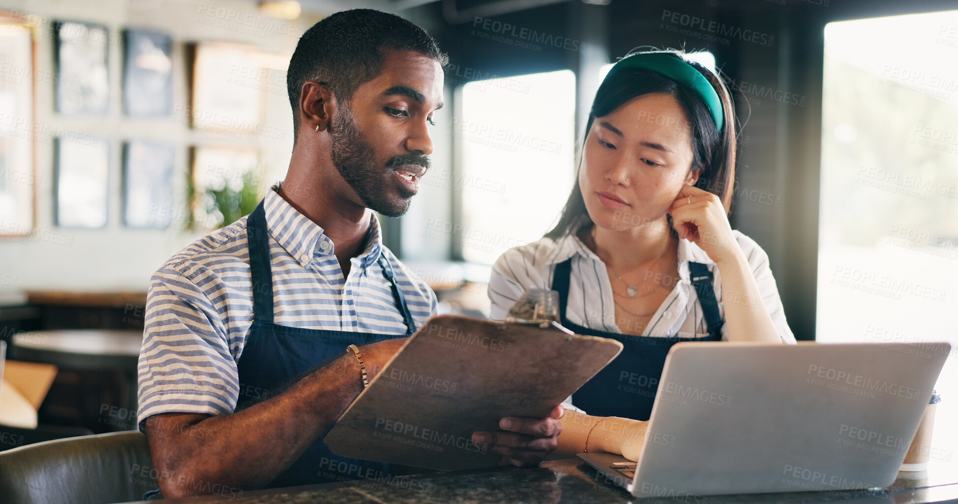 Buy stock photo Business owner, teamwork and computer for restaurant profit, sales and stock inventory management on a checklist. Man, waiter and manager with documents, laptop and planning budget in a startup cafe