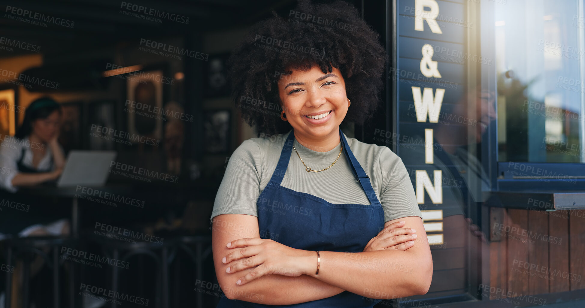 Buy stock photo Happy black woman, cafe and owner by door of small business in confidence for management. Portrait of young African female person or waitress smile with arms crossed of professional at coffee shop