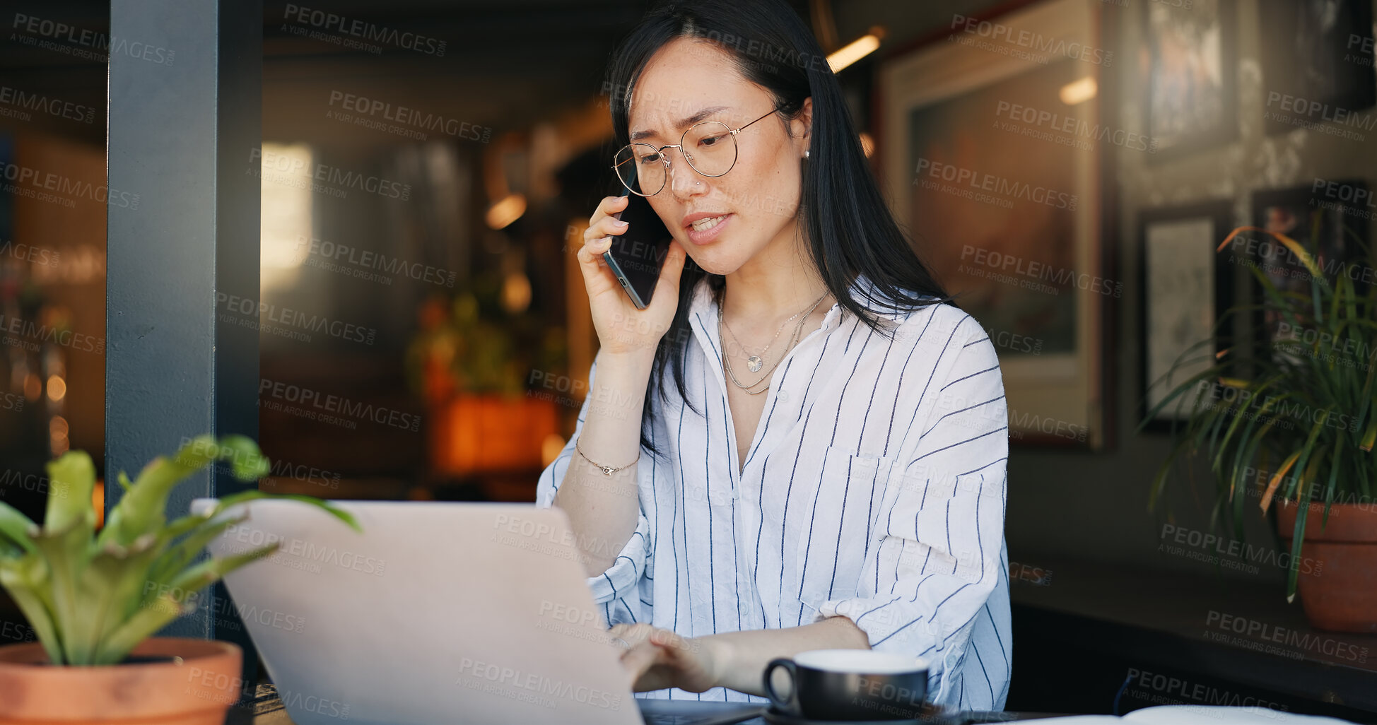 Buy stock photo Woman, phone call and cafe with laptop, remote work and conversation for job, online and internet. Discussion, coffee and explaining for freelance career, copywriter and working on social media