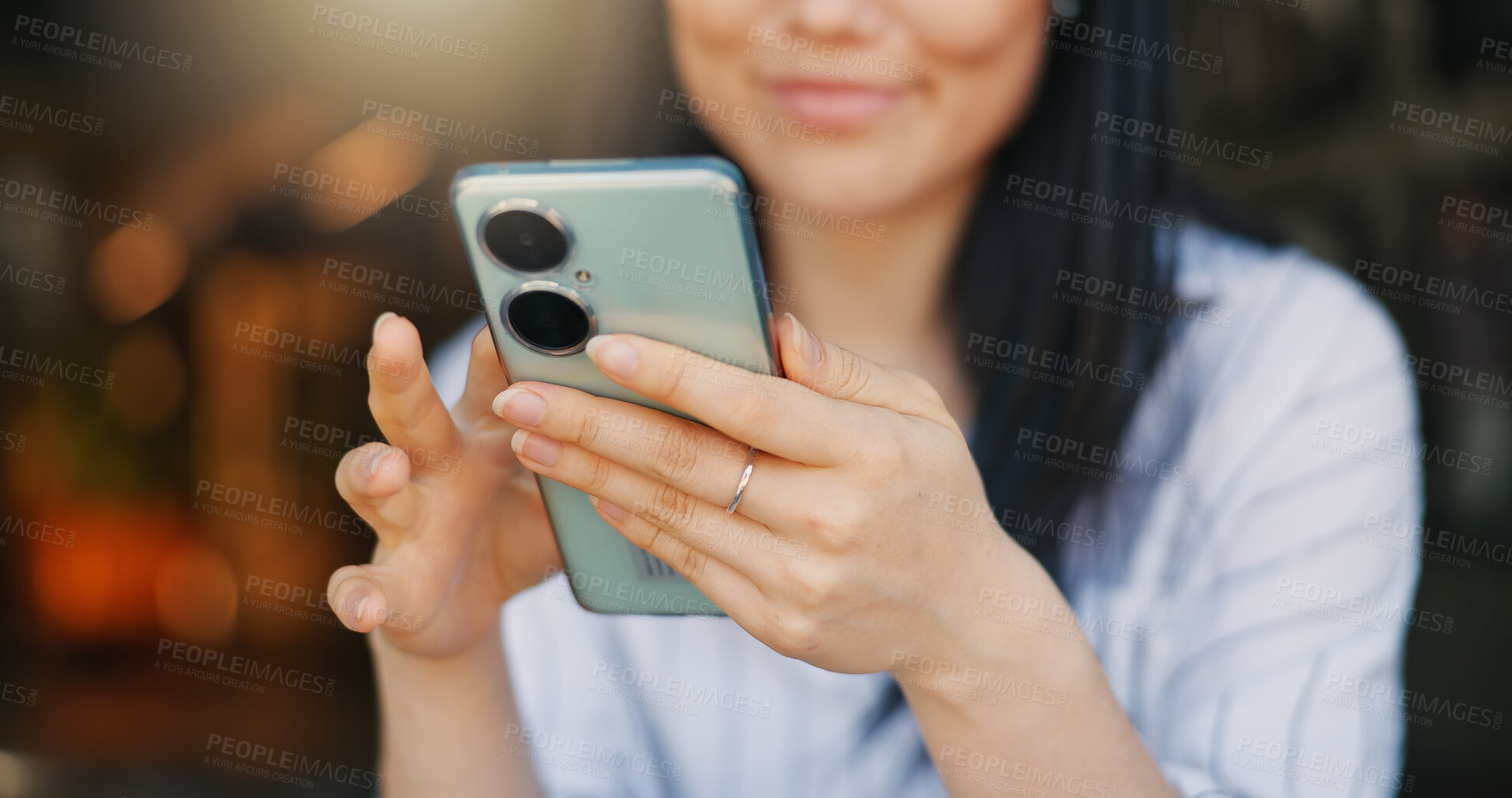 Buy stock photo Hands, woman and phone for texting, closeup or happy for funny video, meme or comic web blog. Girl, Japanese person and smartphone for typing, scroll or click for reading notification on social media