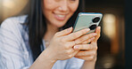 Hands, woman and phone for texting, closeup or happy for funny video, meme or comic web blog. Girl, Japanese person and smartphone for typing, scroll or click for reading notification on social media