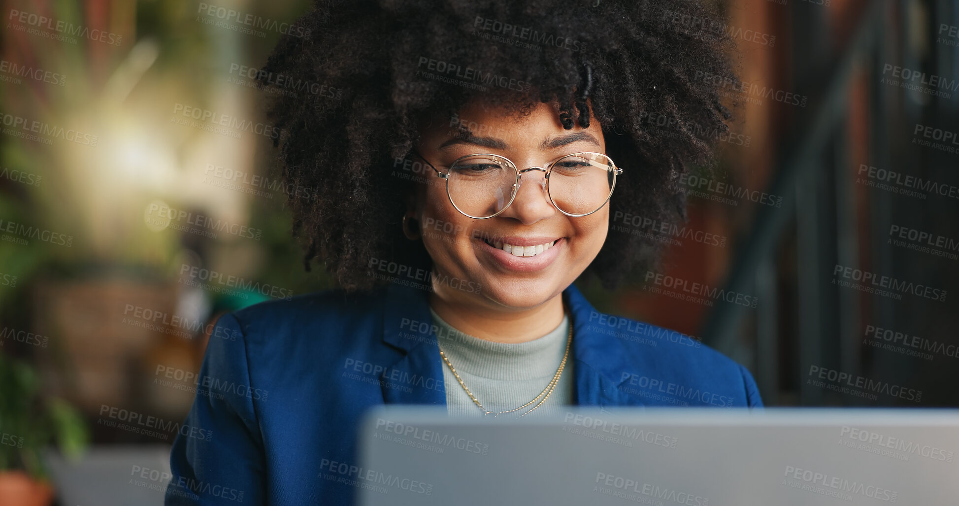 Buy stock photo Remote work cafe, laptop and thinking business woman with online feedback smile, review or proposal plan success. Freelance, planning and female journalist online at a restaurant for article, analysis and research