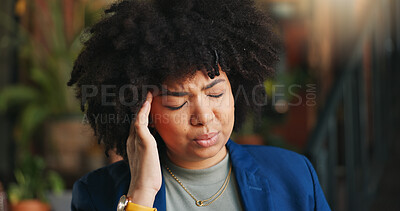 Frustrated black woman, headache and afro in stress, anxiety or mistake for business pressure at cafe. Face of African female person with migraine, pain or depression in mental health at coffee shop