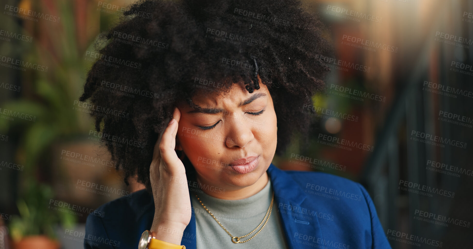 Buy stock photo Frustrated black woman, headache and afro in stress, anxiety or mistake for business pressure at cafe. Face of African female person with migraine, pain or depression in mental health at coffee shop