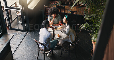 Friends, group and talking in coffee shop for communication catch up or university reunion, gossip or pastry, Man, woman and chat in cafe together as consumer for bonding lunch, diversity or social