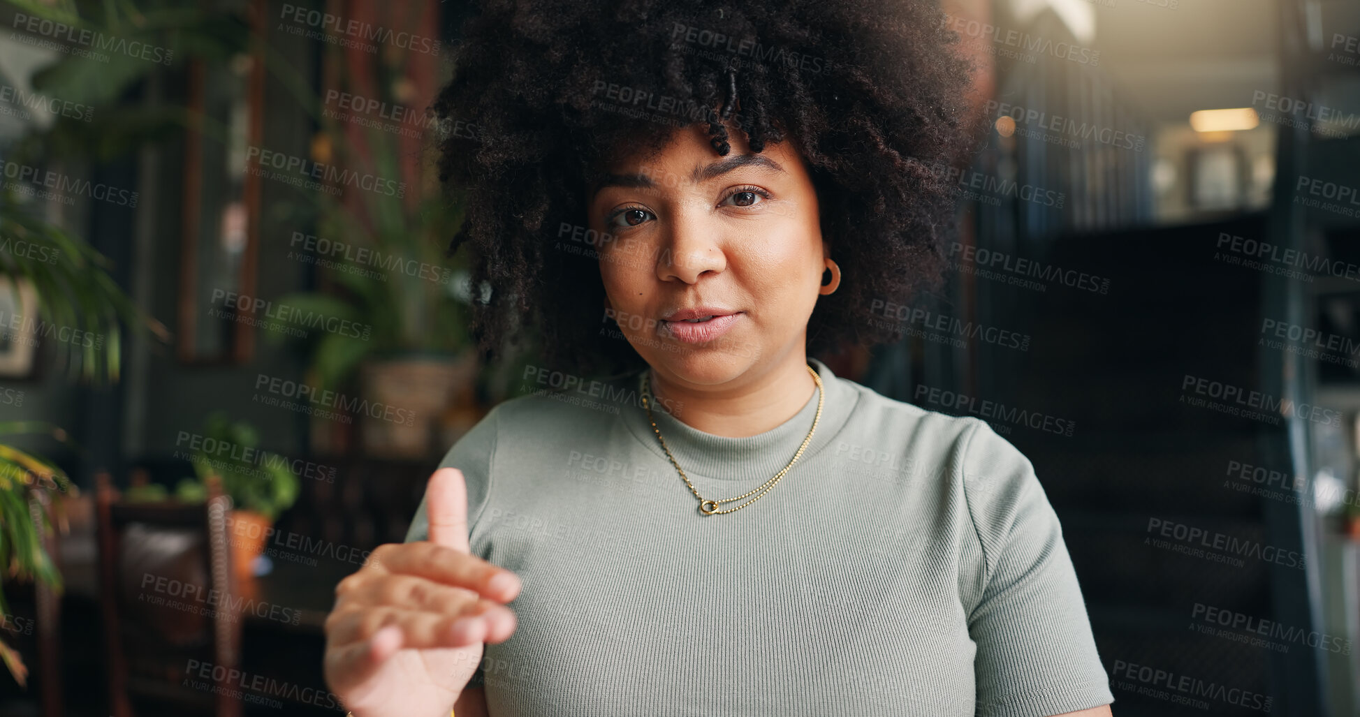 Buy stock photo Wave, video call and face of black woman in coffee shop for communication, contact and talking. Remote work, freelancer and portrait of person greet hello for online meeting, webinar and discussion