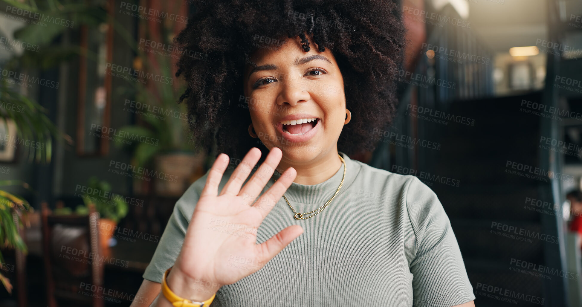 Buy stock photo Wave, video call and face of black woman in coffee shop for communication, contact and talking. Remote work, freelancer and portrait of person greet hello for online meeting, webinar and discussion