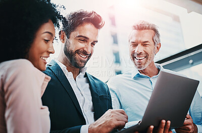 Buy stock photo Business people, laptop and happy with research in collaboration for website review and reading project feedback. Marketing team, employees and technology for b2b networking or planning ideas at work