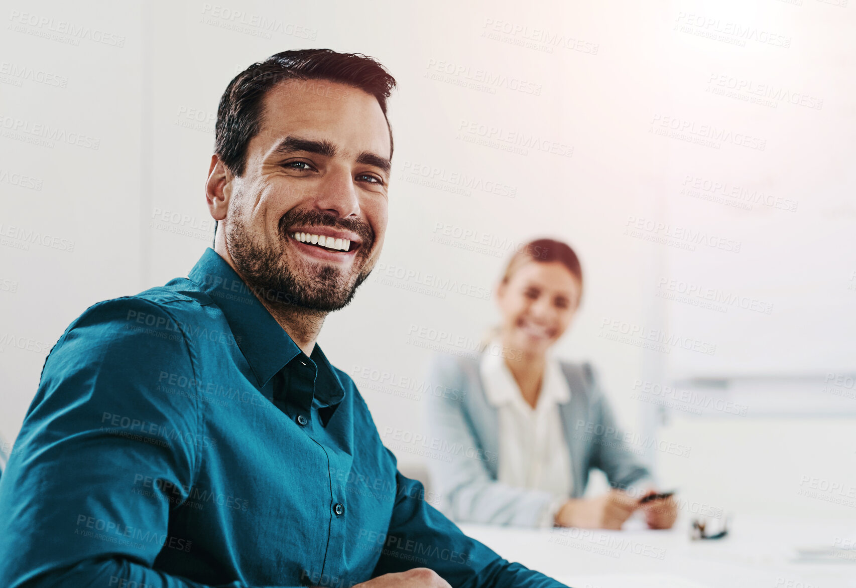 Buy stock photo Portrait, leader and happy business man in office for coworking, job or career. Face, sales manager and smile of professional entrepreneur, employee or confident worker in meeting for budget planning