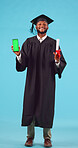 Education, graduation and green screen on a phone with a student black man in studio on a blue background. Portrait, certificate and chromakey on a mobile display with a male university graduate