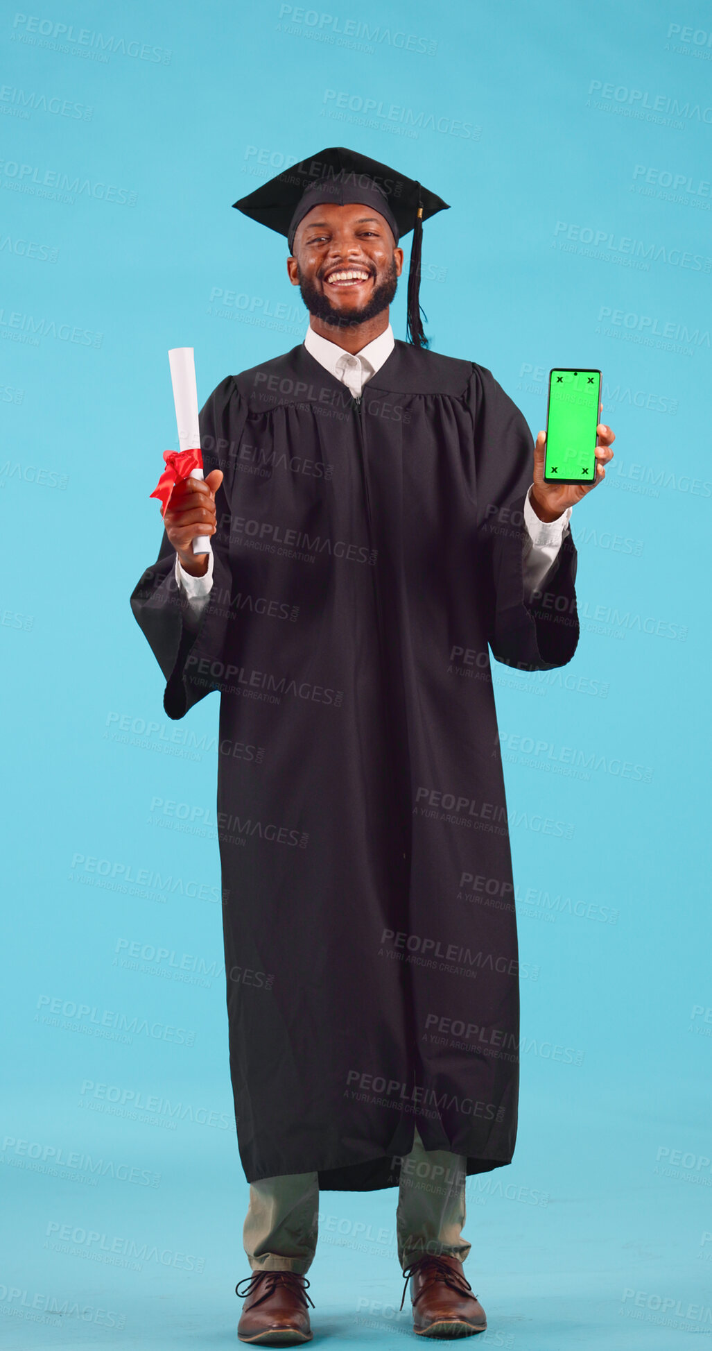 Buy stock photo Black man, graduate and education, smartphone and green screen for advertising, university sign up or app for course. UX, college website ads and scholarship offer for diploma on blue background