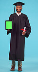 Education, graduation and green screen on a tablet with a student black man in studio on a blue background. Portrait, certificate and chromakey on a mobile display with a male college graduate