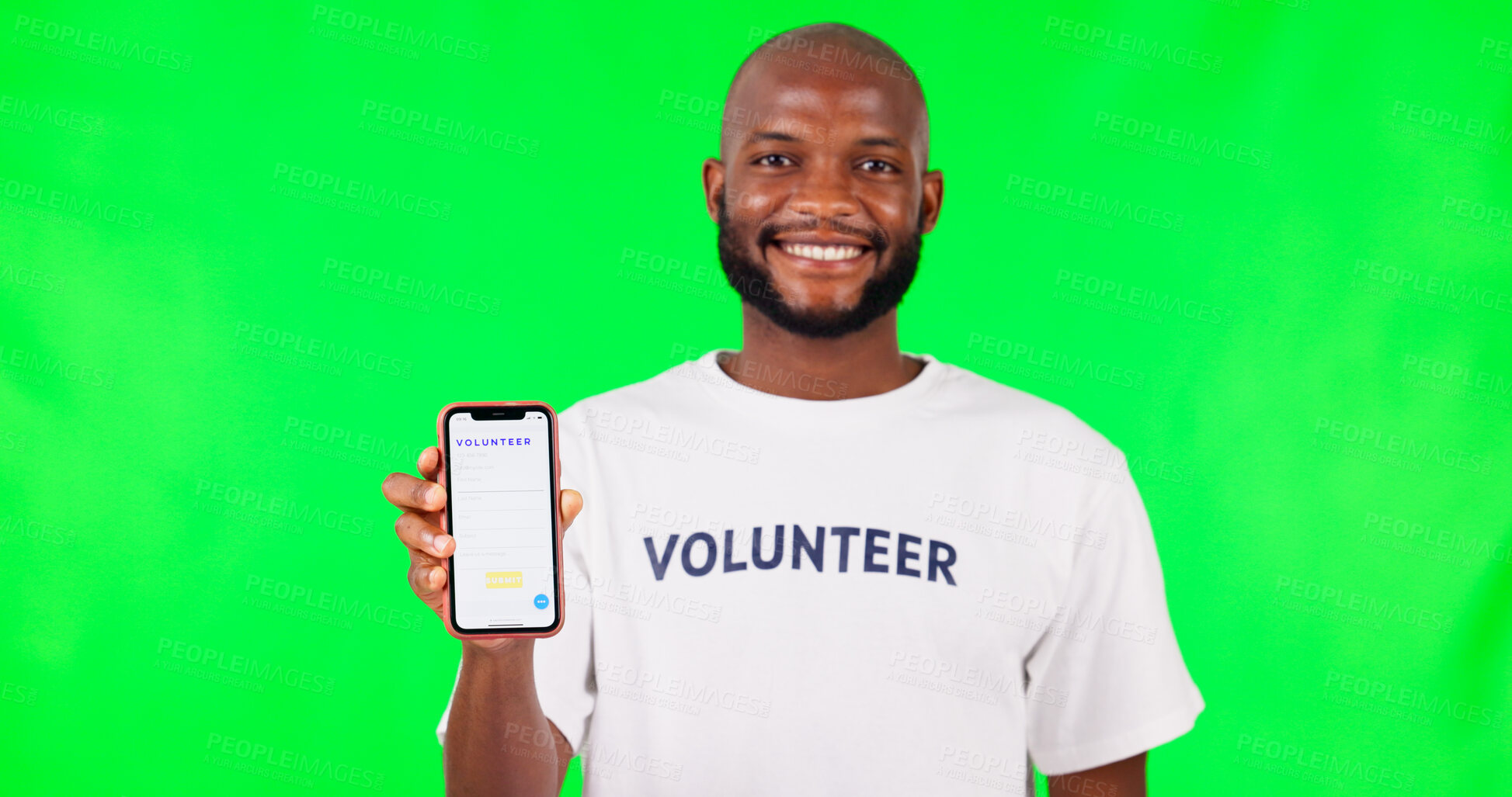 Buy stock photo Phone, volunteer and portrait of black man on green screen for mobile app, website and online sign up. Non profit, studio and person with smartphone for charity, community service and advertising