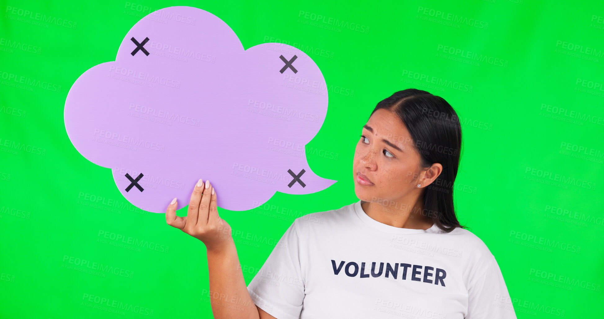 Buy stock photo Speech bubble, space and woman volunteer by green screen with mockup for communication. Advertising, marketing or Asian female person with board or sign with tracking markers by chroma key background