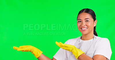 Cleaning, presentation and space with woman on green screen for idea, choice and decision. Advertising, hygiene and show with portrait of person on studio background for offer, opinion and mockup