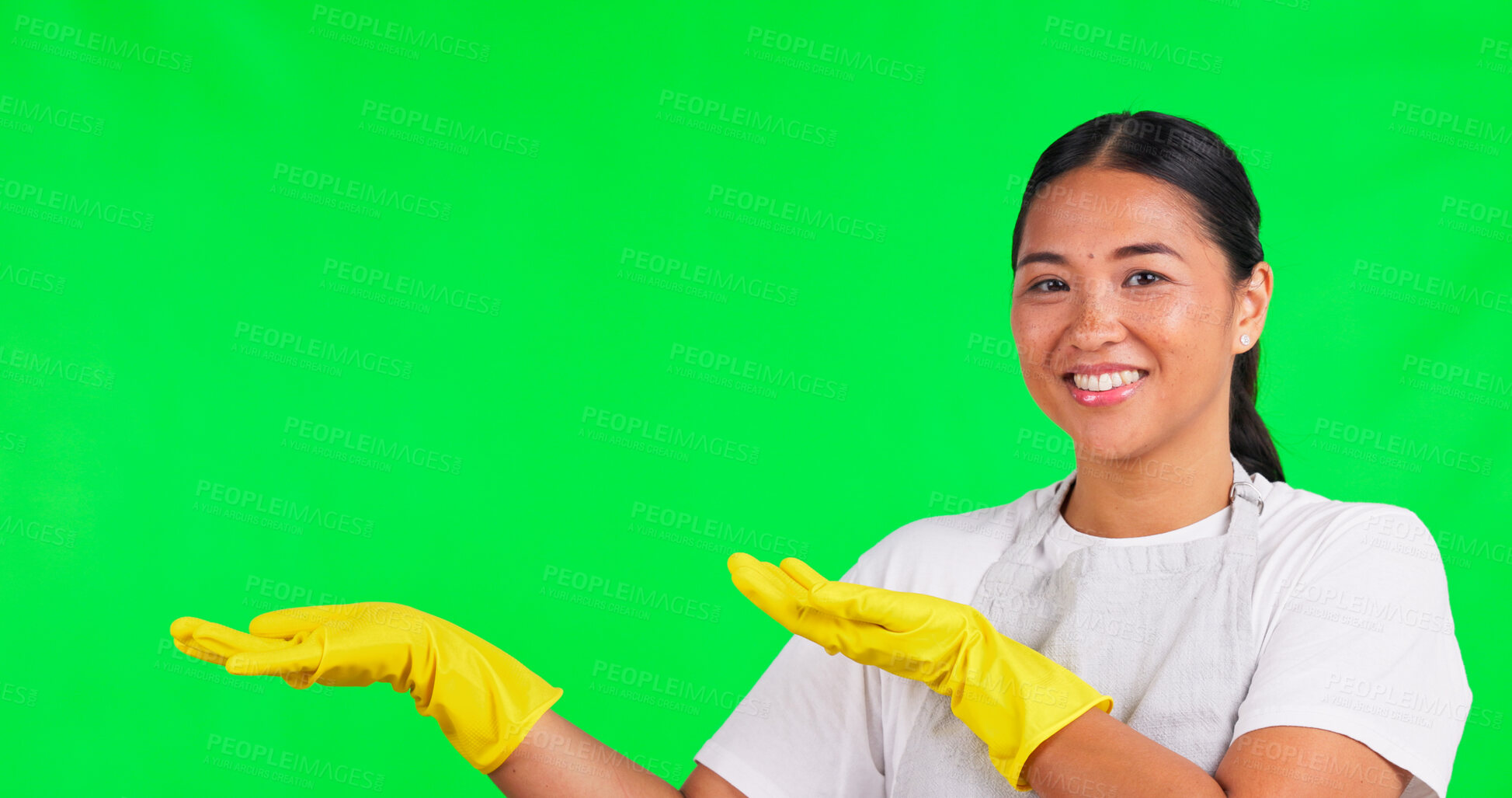 Buy stock photo Cleaning, portrait or woman on green screen pointing to sale, choice or decision on studio background. Ads space, hygiene or happy Asian female person with deal for offer promotion, opinion or mockup