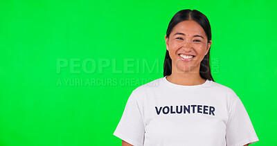 Buy stock photo Portrait, woman or volunteer on green screen for support, community project or donation in studio background. Humanitarian, confident or face of proud Asian female person with smile, charity or npo