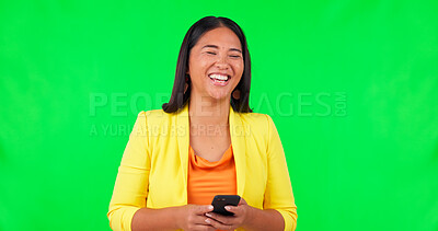 Green screen, typing and happy woman laughing with phone for joke, silly or funny humor in studio. Online, comedy and Asian female person reading app, text or social media comic meme while streaming